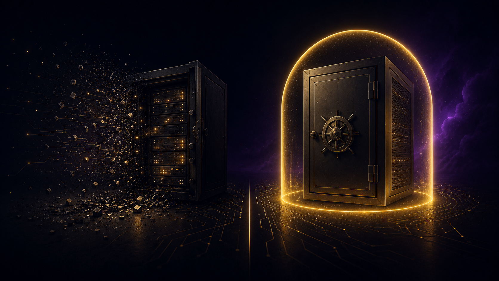 Two vaults on a dark surface, one open and spilling its contents, one sealed inside a ring of warm gold light