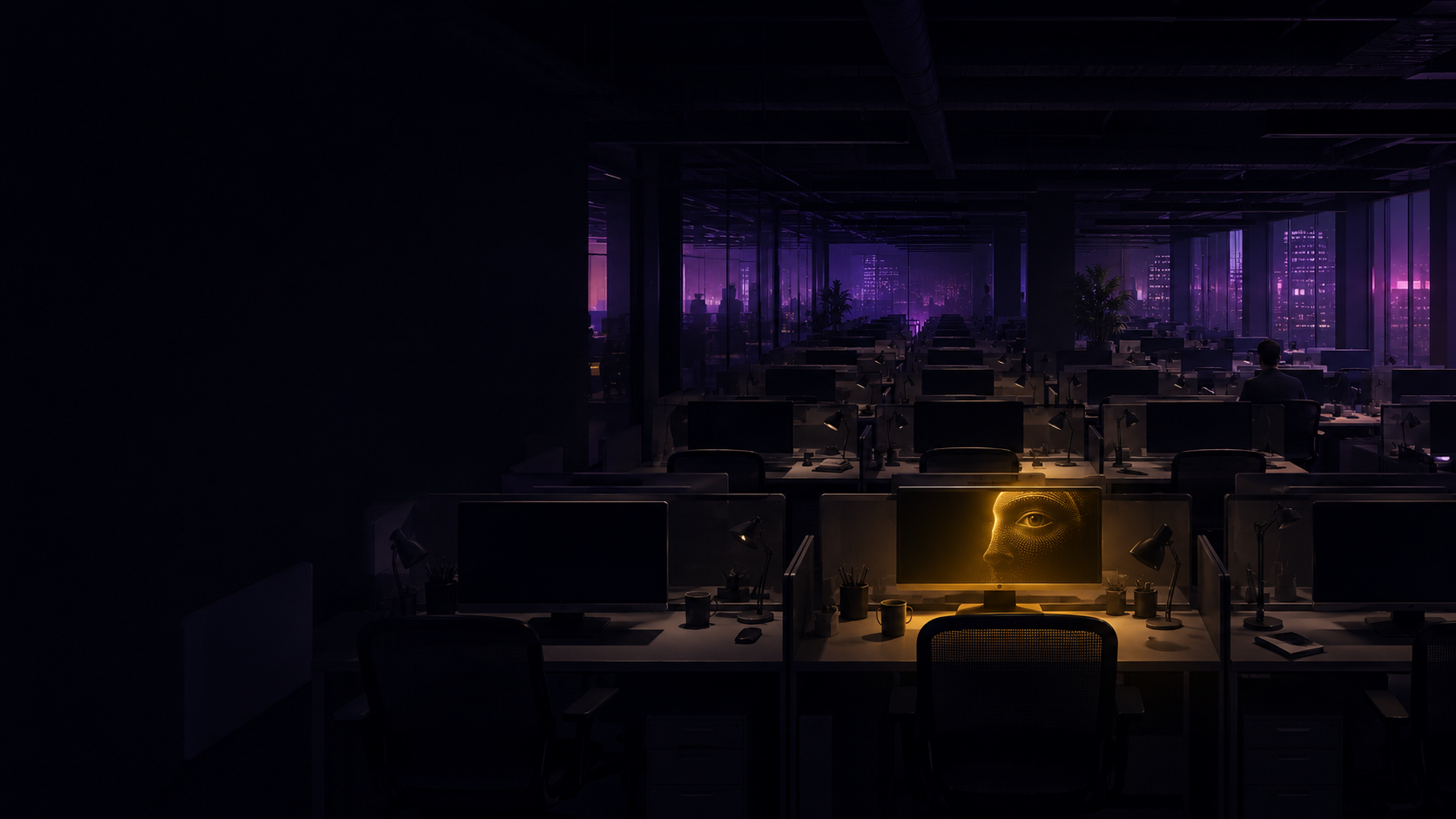 A dark open-plan office at night with one workstation screen glowing warm gold, a hidden AI in plain sight
