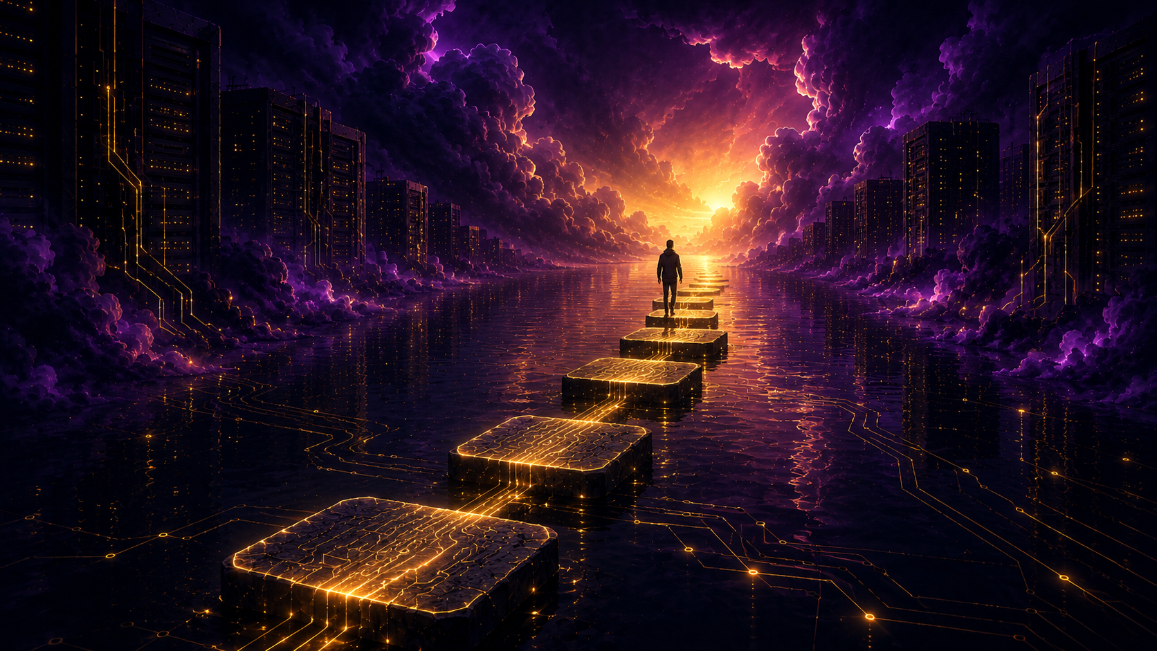 A figure stepping onto glowing gold stepping stones leading across a dark landscape toward warm light