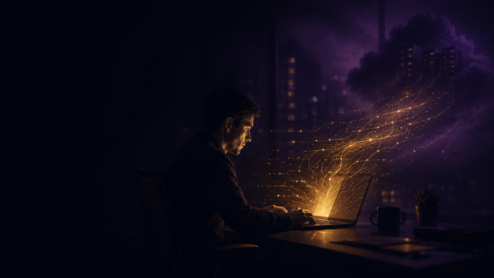 A person working late at a laptop in a dark office, glowing gold data streaming out of the screen into the night